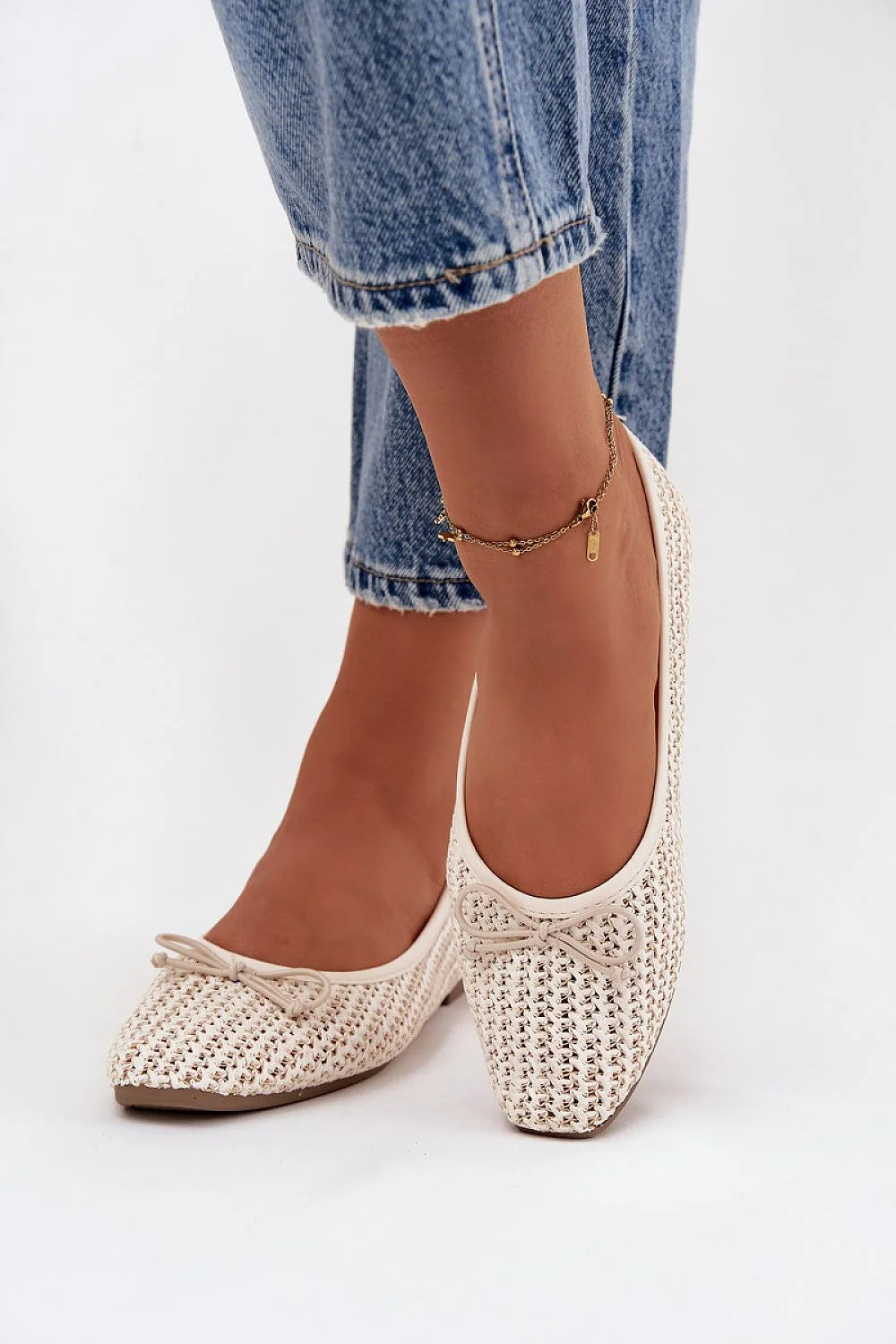 ballerines femme plates légères respirantes tressées crochetées écru beige bout amande pointu noeud papillon décoratif semelle flexible antidérapante confortable