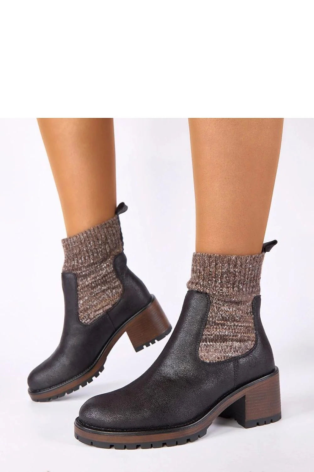 bottines noires talon bloc stable tige chaussette élastique cuir grainé bordcote marron chiné cheville semelle crantée plateau bois confortable élégante