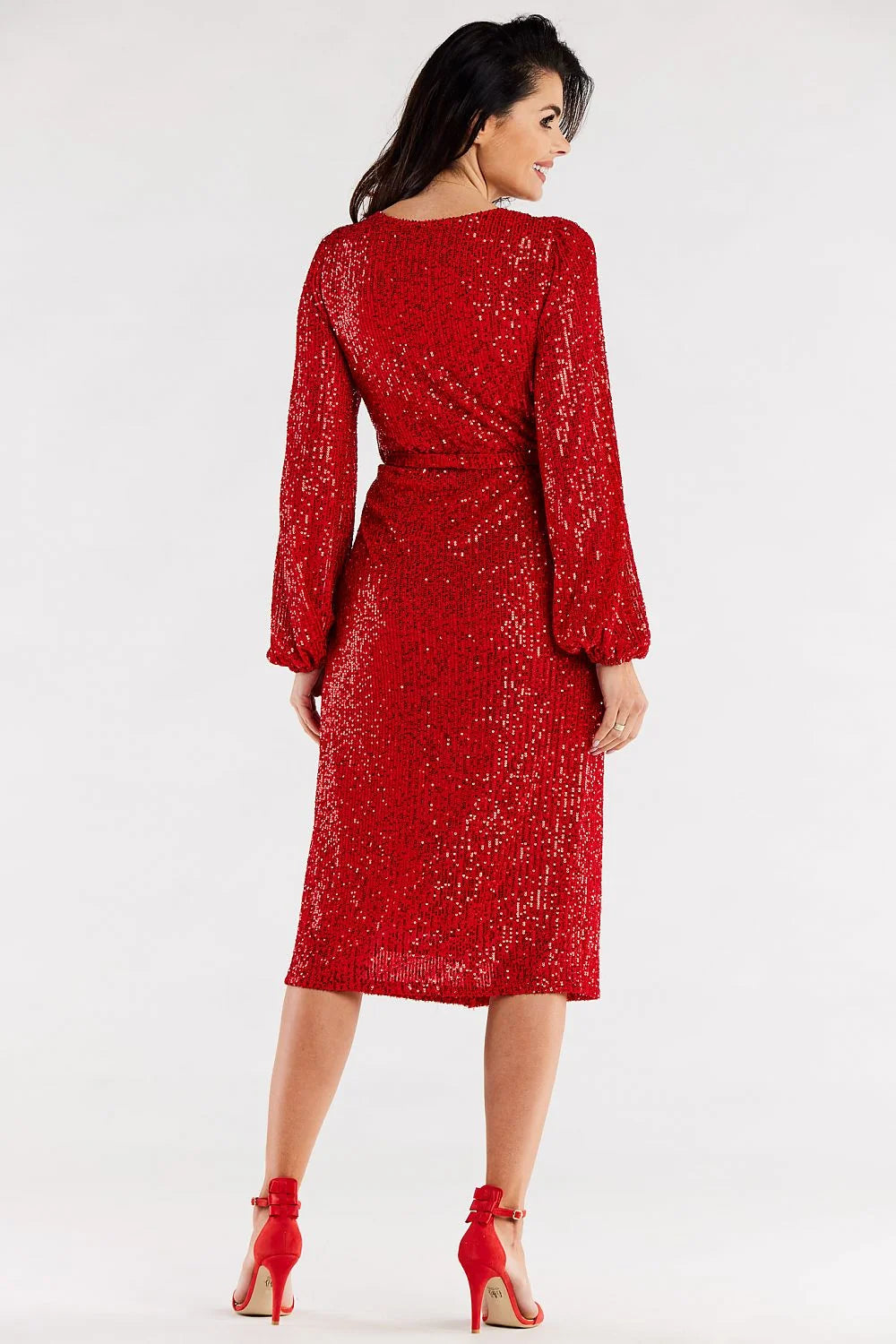 Robe de soirée élégante longueur midi manches longues paillettes rouge vif ceinture intégrée ajustable femme