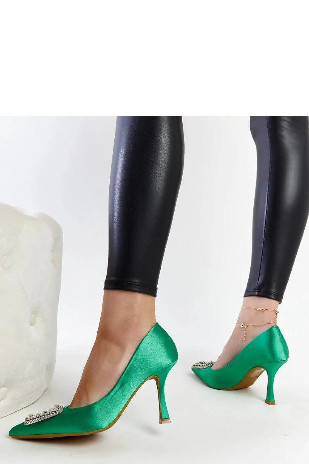 Escarpins à talons hauts Solea en satin vert zircons élégants design sophistiqué pour femmes soirée événement