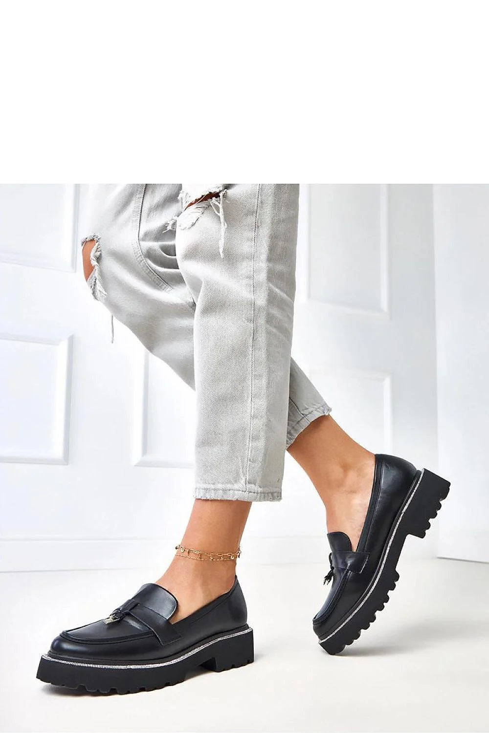 mocassins femme élégants cuir écologique noir bout rond ornement métallique zircons slipon confort quotidien talon 35mm semelle crantée