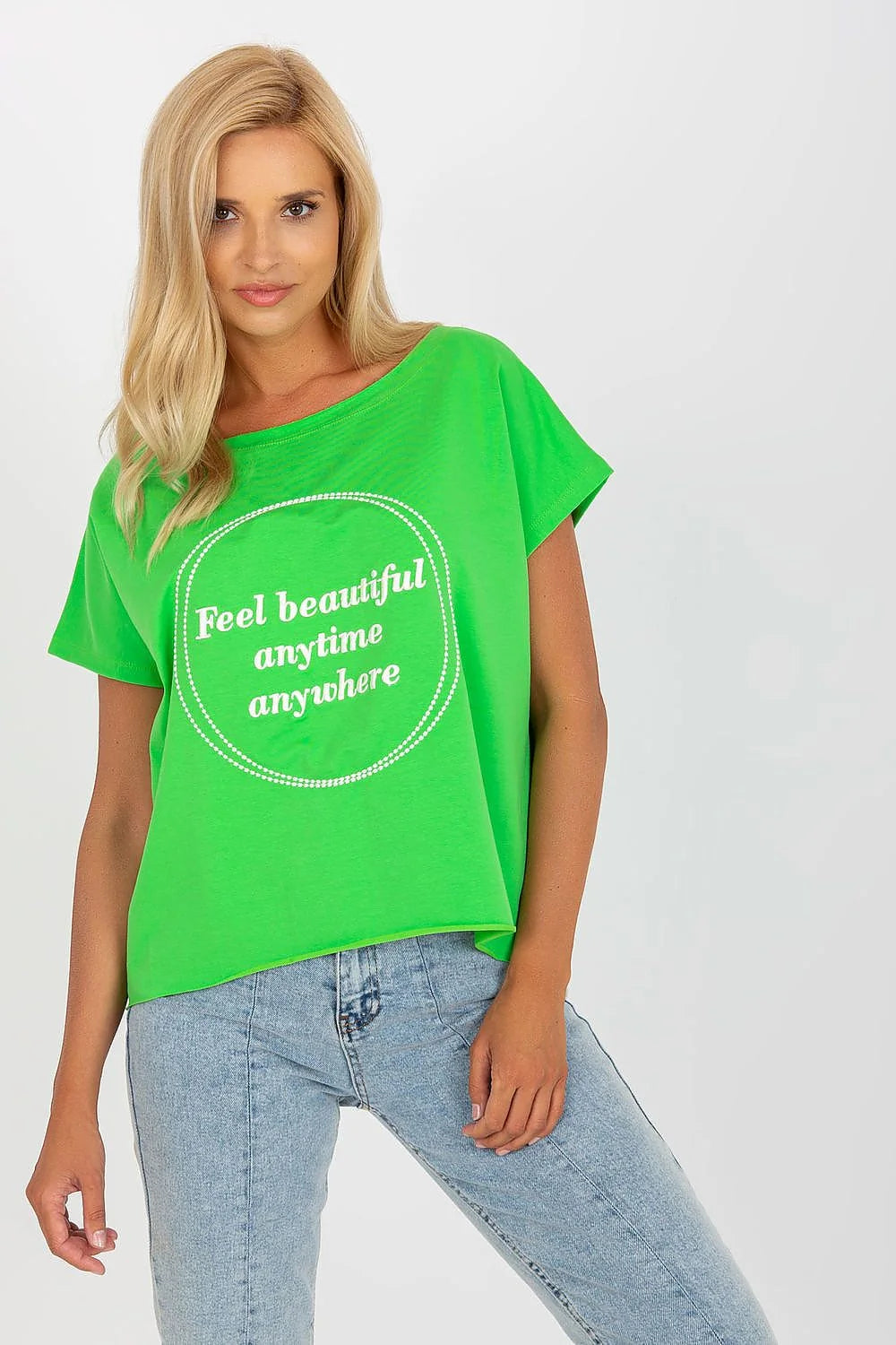 T-shirt femme moderne loose fit manches courtes graphique Feel beautiful anytime anywhere coton élasthanne rose vif look décontracté