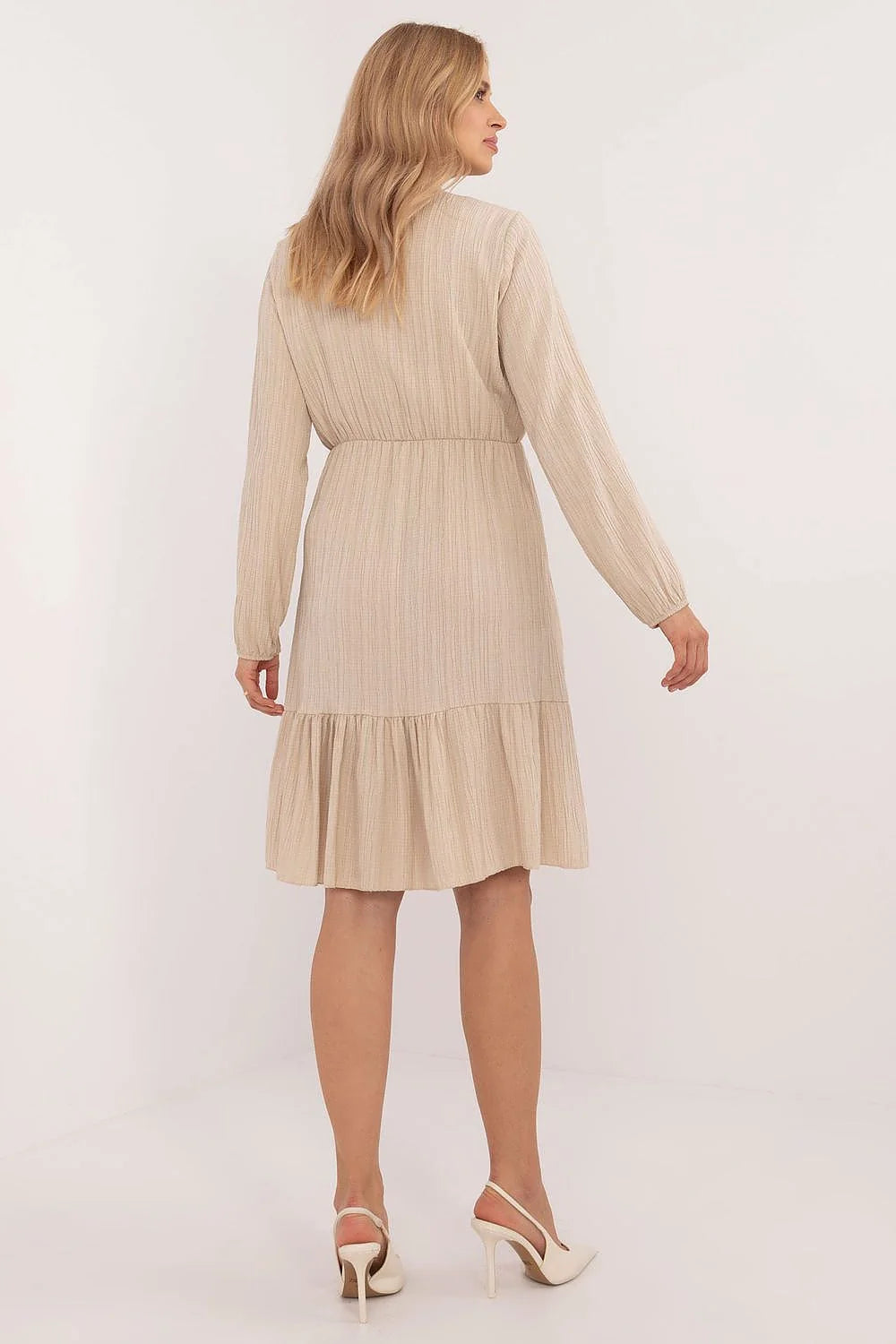 Robe de jour élégante Och Bella coupe évasée manches longues tailleur haut jupe plissée volants beige clair polyester élasthanne femmes polyvalente