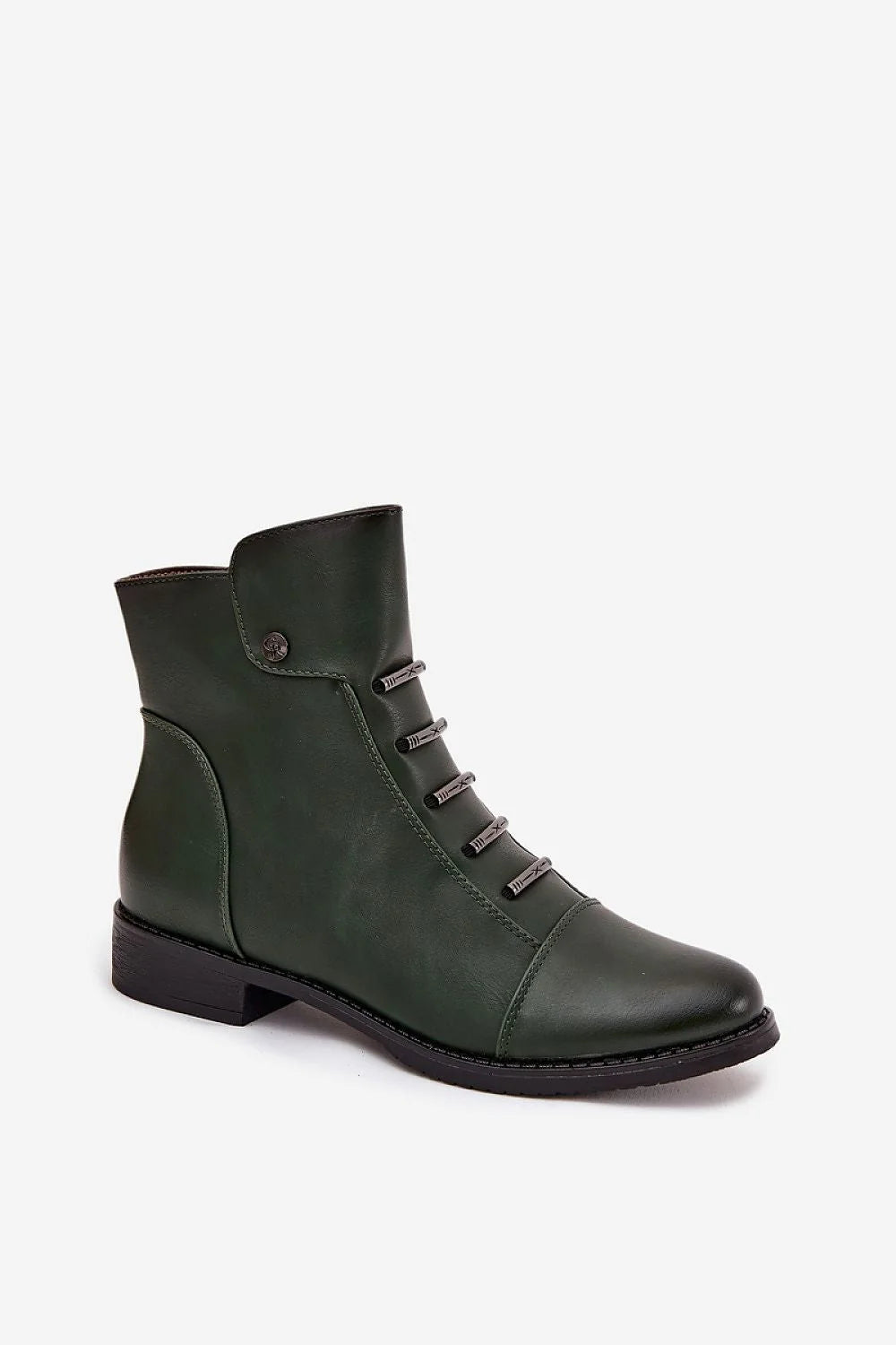 bottines femme vert forêt similicuir lisse tige mihaute cheville bout arrondi talon bas semelle crantée zip lacets fourrure synthétique