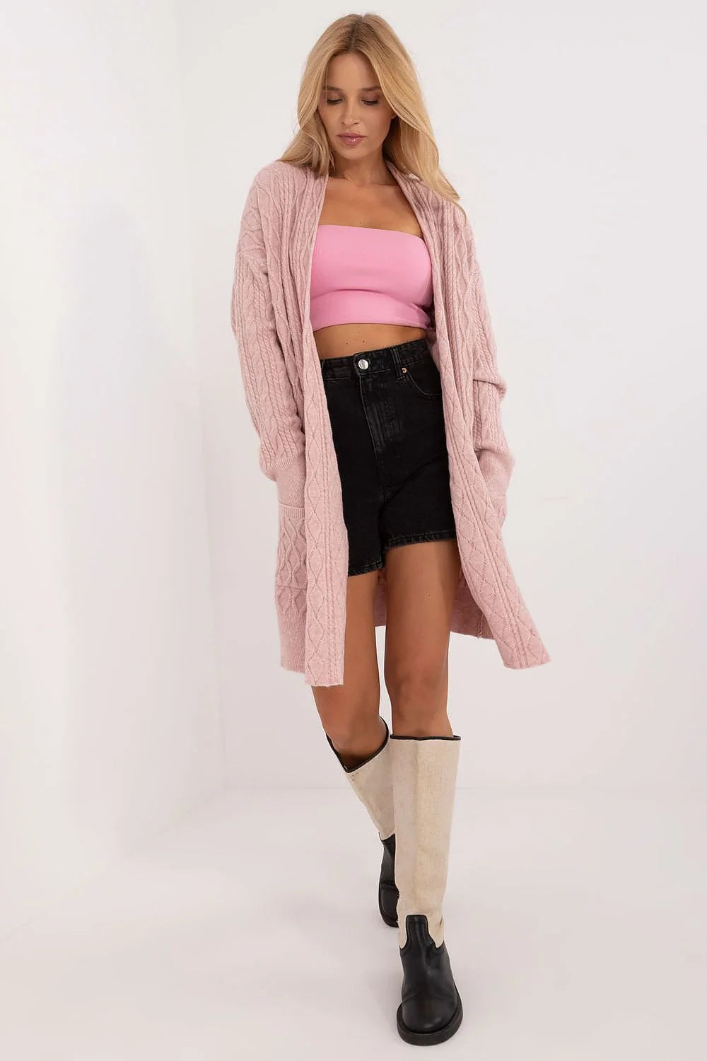 Cardigan long femmes style décontracté élégant matériau confortable couleur rose pâle manches longues poches intégrées