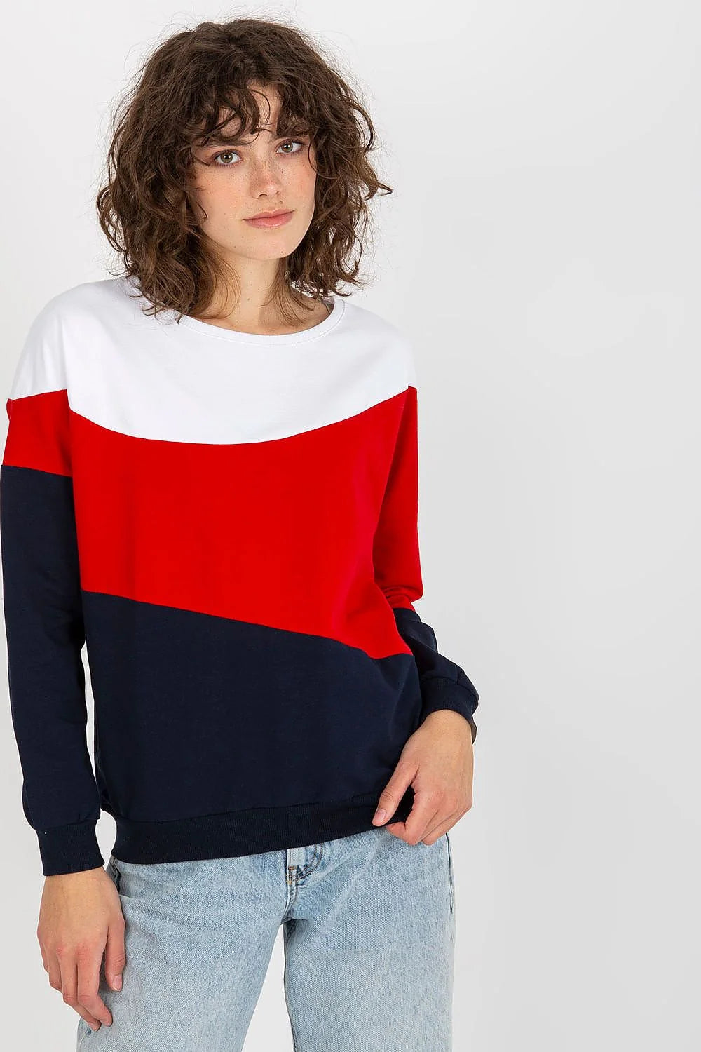 Sweatshirt Relevance pour femme en coton blanc, rouge et bleu marine, coupe ample, manches longues, encolure ronde, style moderne