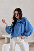 Chemisier Roco Fashion en coton 100% avec manches bouffantes, col en V, noeud décoratif, style élégant et intemporel pour femmes