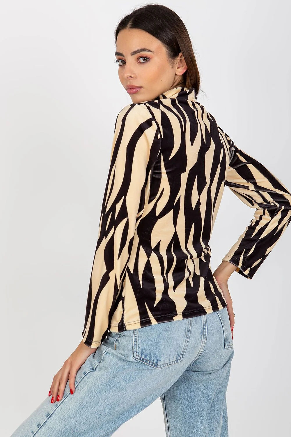 chemisier Rue Paris velours zébré noir beige manches longues col montant coupe ajusté stretch doux confortable