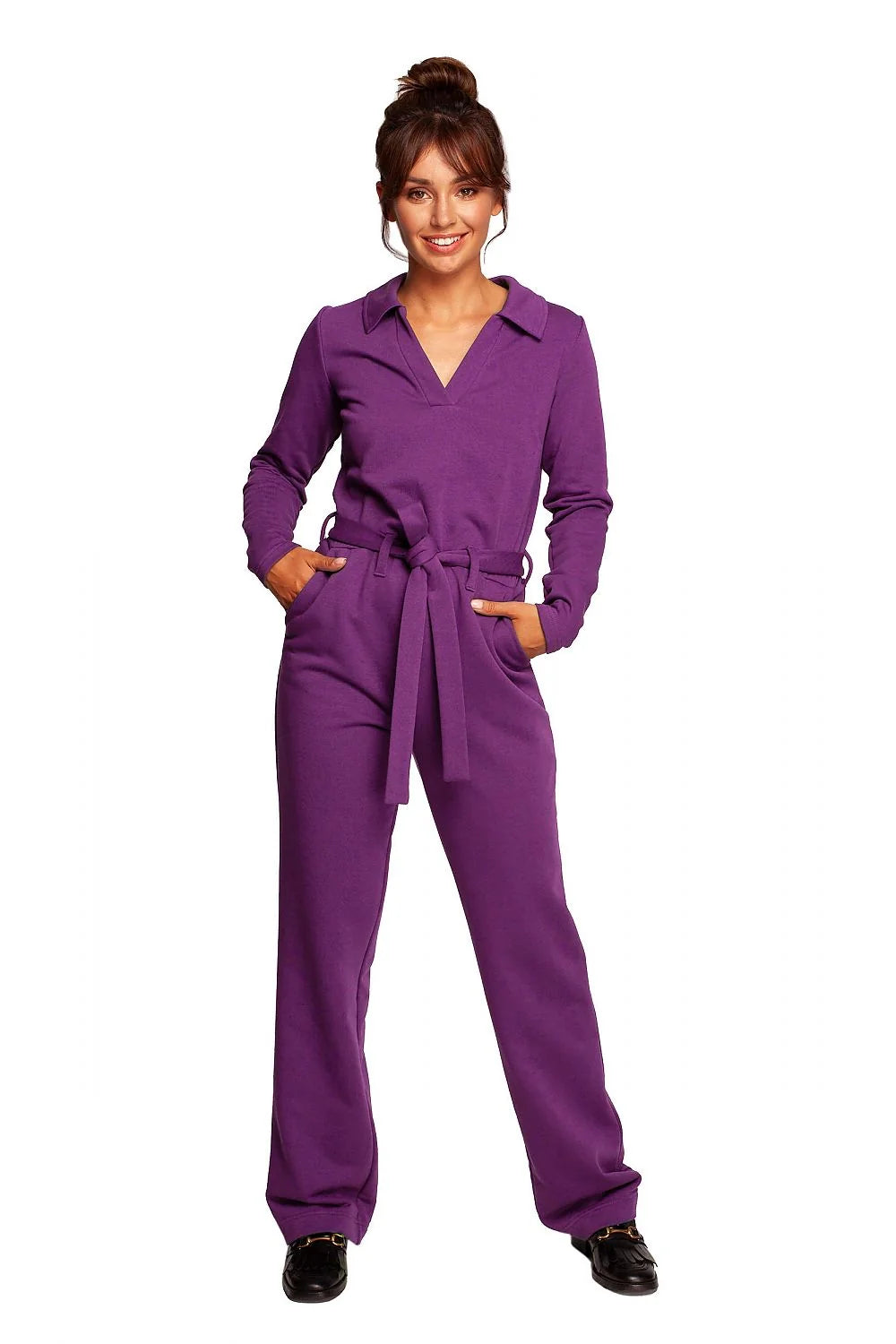 Combinaison Be Wear pour femme, violet intense, combi-pantalon ajusté, col classique, manches longues, ceinture intégrée, poches latérales, tissu doux, 90% coton, 10% polyester