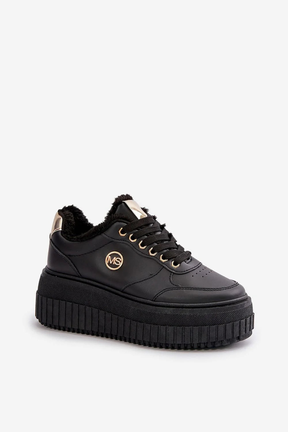 Chaussures de sport modernes tendance pour femmes en cuir artificiel fourrure doublure semelle épaisse noir doré taille ajustable baskets urbaines