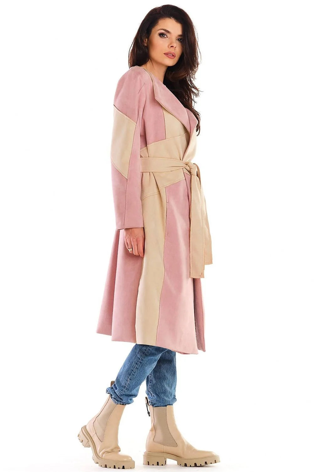 Manteau femme mi-long imitation daim élégant ceinture ajustable kaki beige style moderne automne