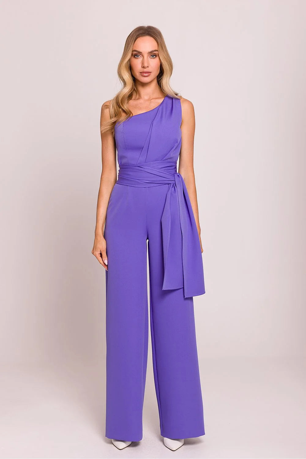 Combinaison asymétrique pour femme élégante violet modern coupe cintrée large jambes sans manches ceinture assortie