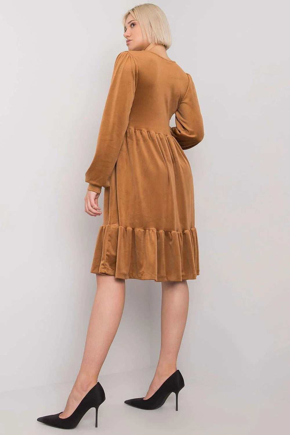 Robe en velours marron élégante manches longues encolure V empire pour femme automne casual