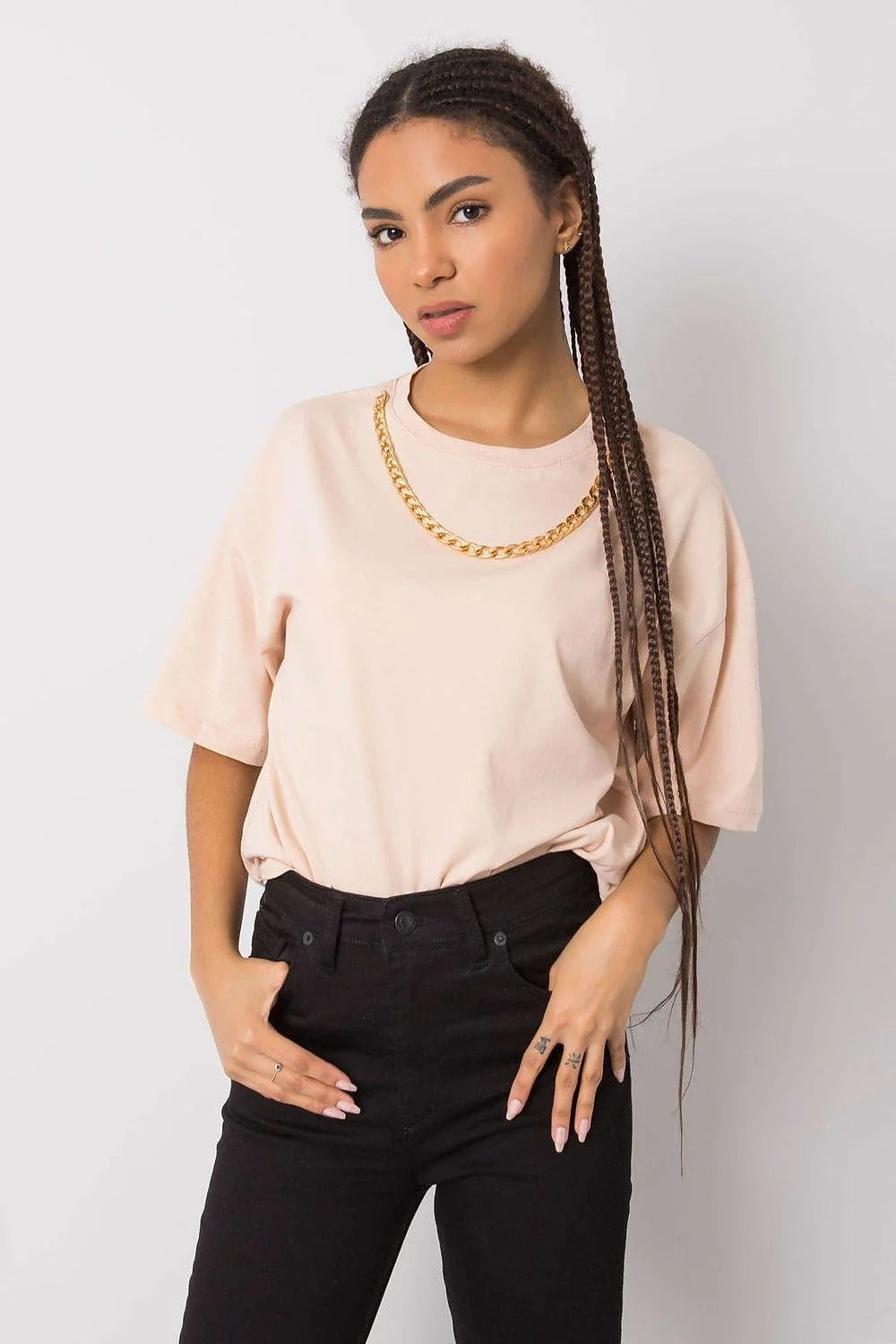T-shirt Rue Paris femme en coton 100% ample manches courtes encolure ronde chaîne dorée beige clair S M L