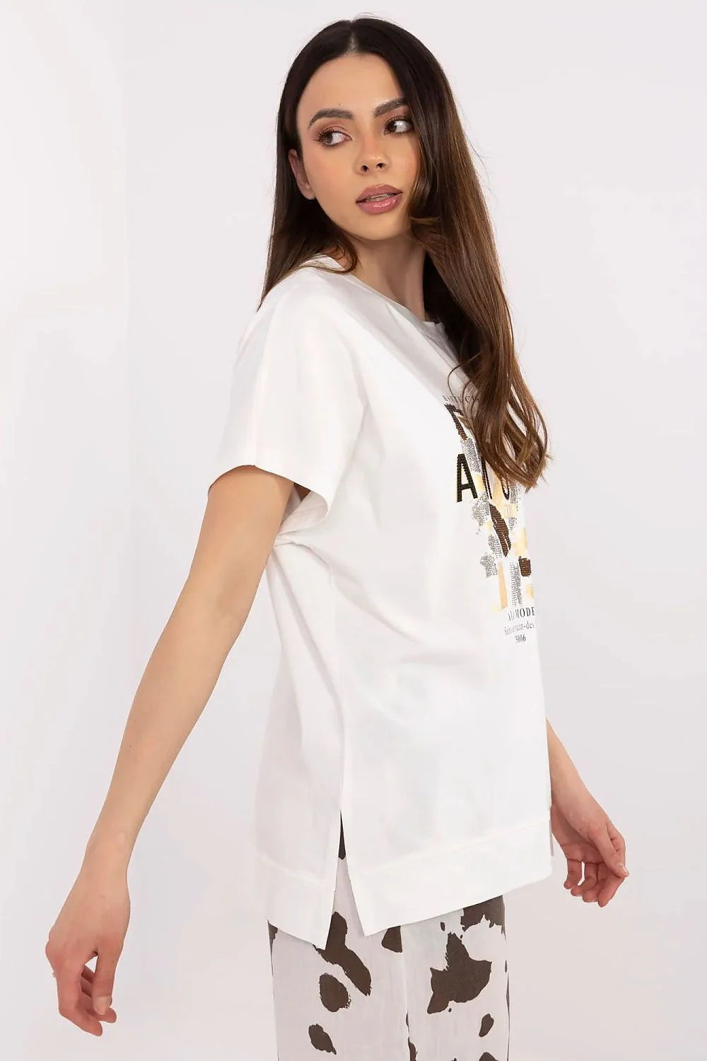 Chemisier femme décontracté col rond manches courtes impression élégante AMOUR motifs pinceau coton elasthanne blanc doré argenté