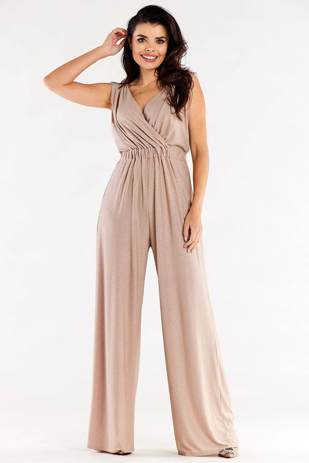 Combinaison pour femme robe longue sans manches en V couleur rose vif tissu fluide élastique Pologne