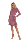 Robe élégante pour femme en velours rose vieux manches longues ajustée volant bas taille ajustable
