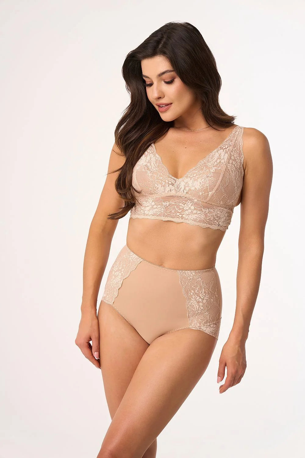 Ensemble lingerie Babell féminin élégant dentelle nude confort taille haute soutien-gorge sans armature culotte taille haute