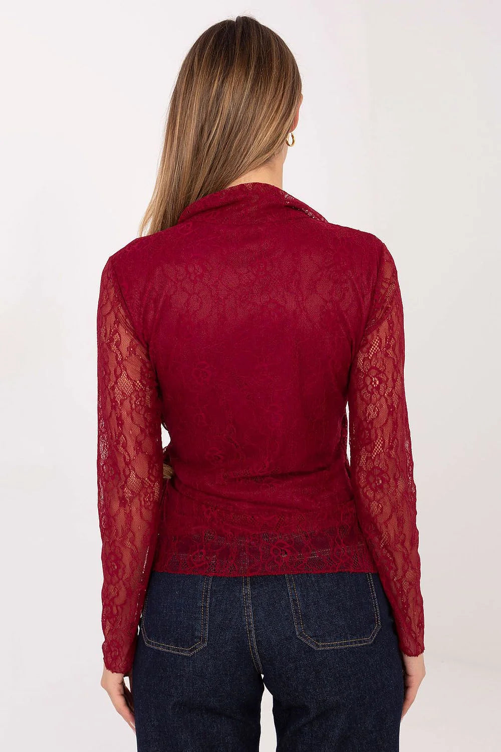 chemisier femme bordeaux dentelle florale manches longues transparentes col chemise doublure buste coupe ajustée cache coeur noeud latéral court élégant