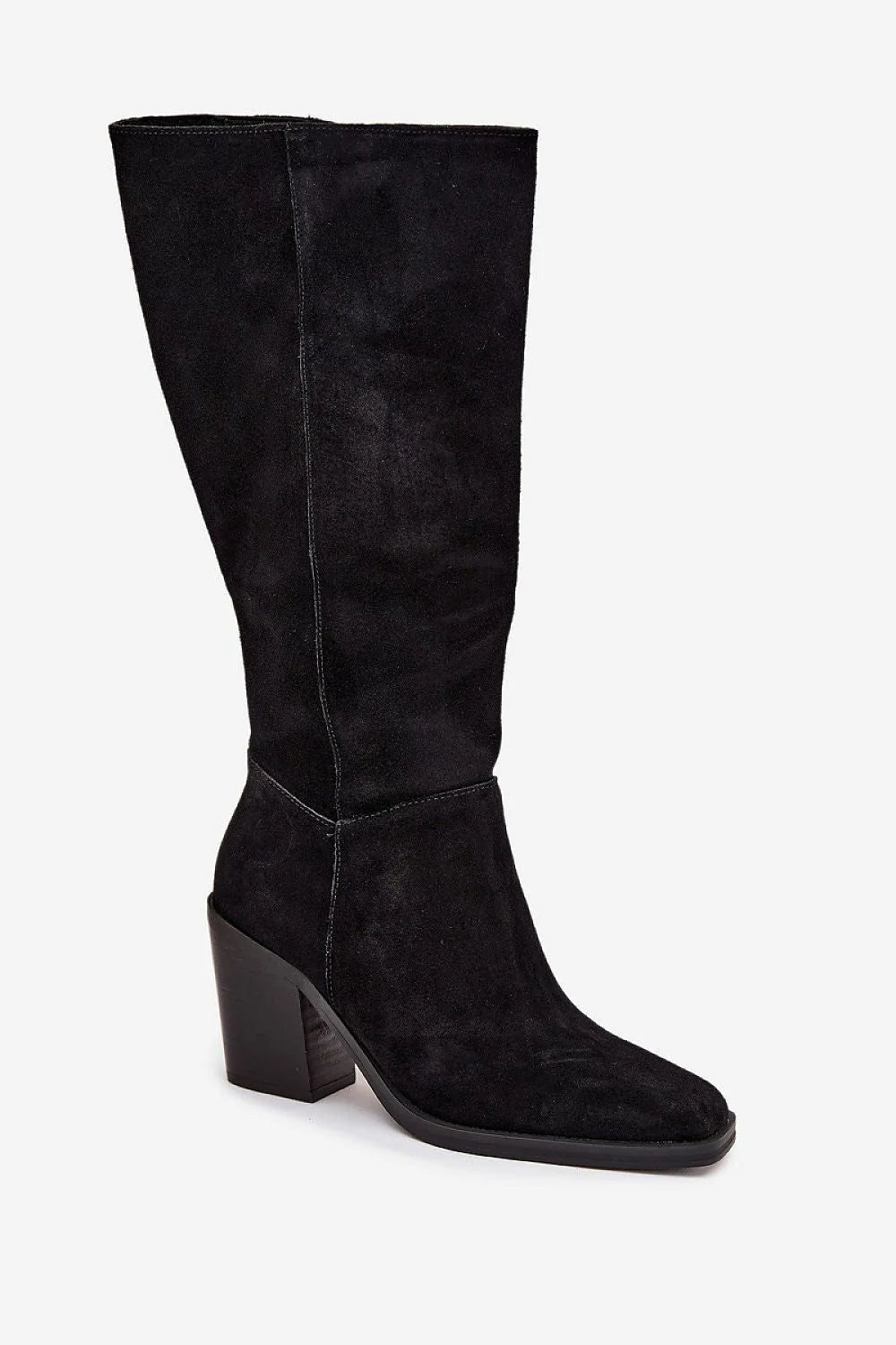 bottes femme cuir suédé noir talon pilier empilé maintien fermeture éclair bout arrondi confort tige mi mollet silhouette élancée