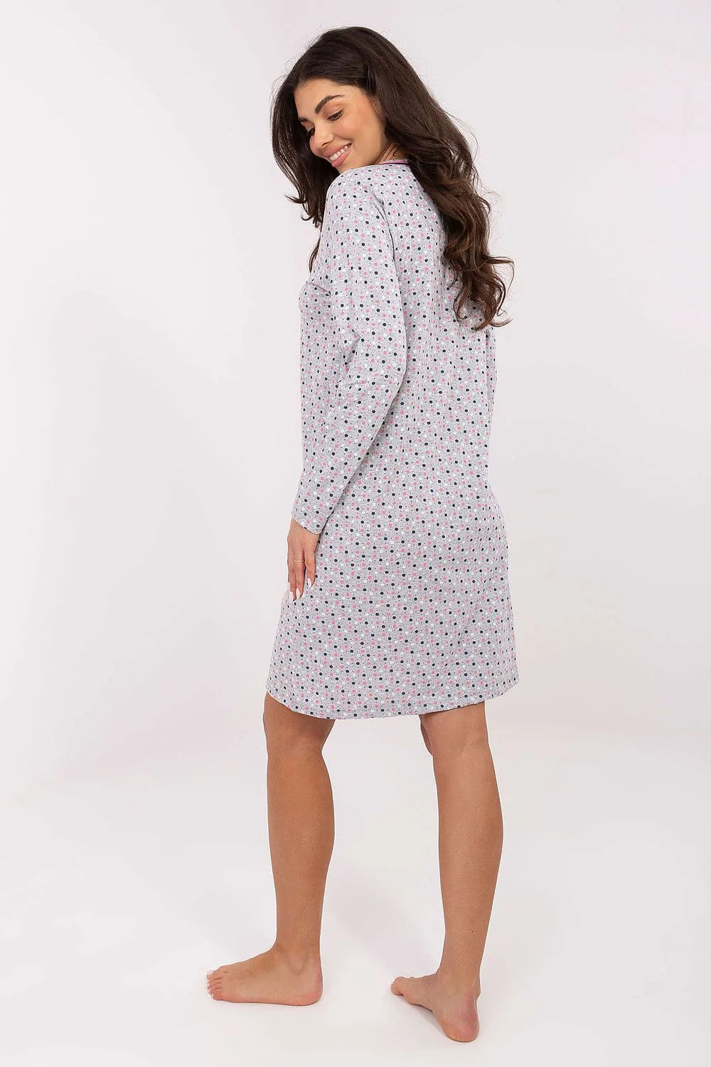 chemise nuit femme coton doux respirant manches longues coupe droite courte imprimé micro motifs roses marine dentelle décolleté noeud cosy