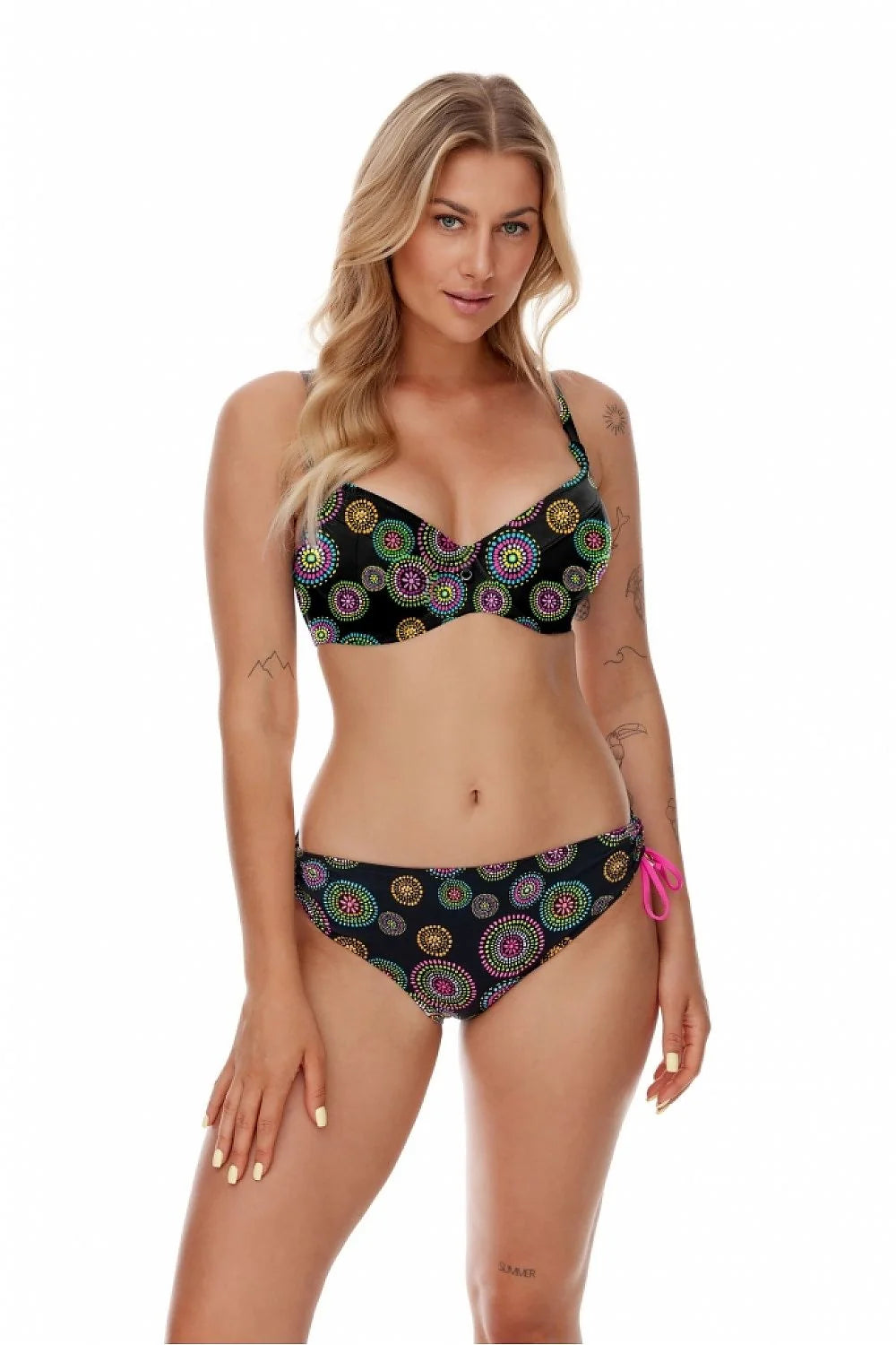 Maillot de bain deux pièces pour femmes, motif vibrant cercles colorés, bikini bandeau maintien excellent, culotte classique couvrance modérée, polyester nylon élasthanne, plage piscine été