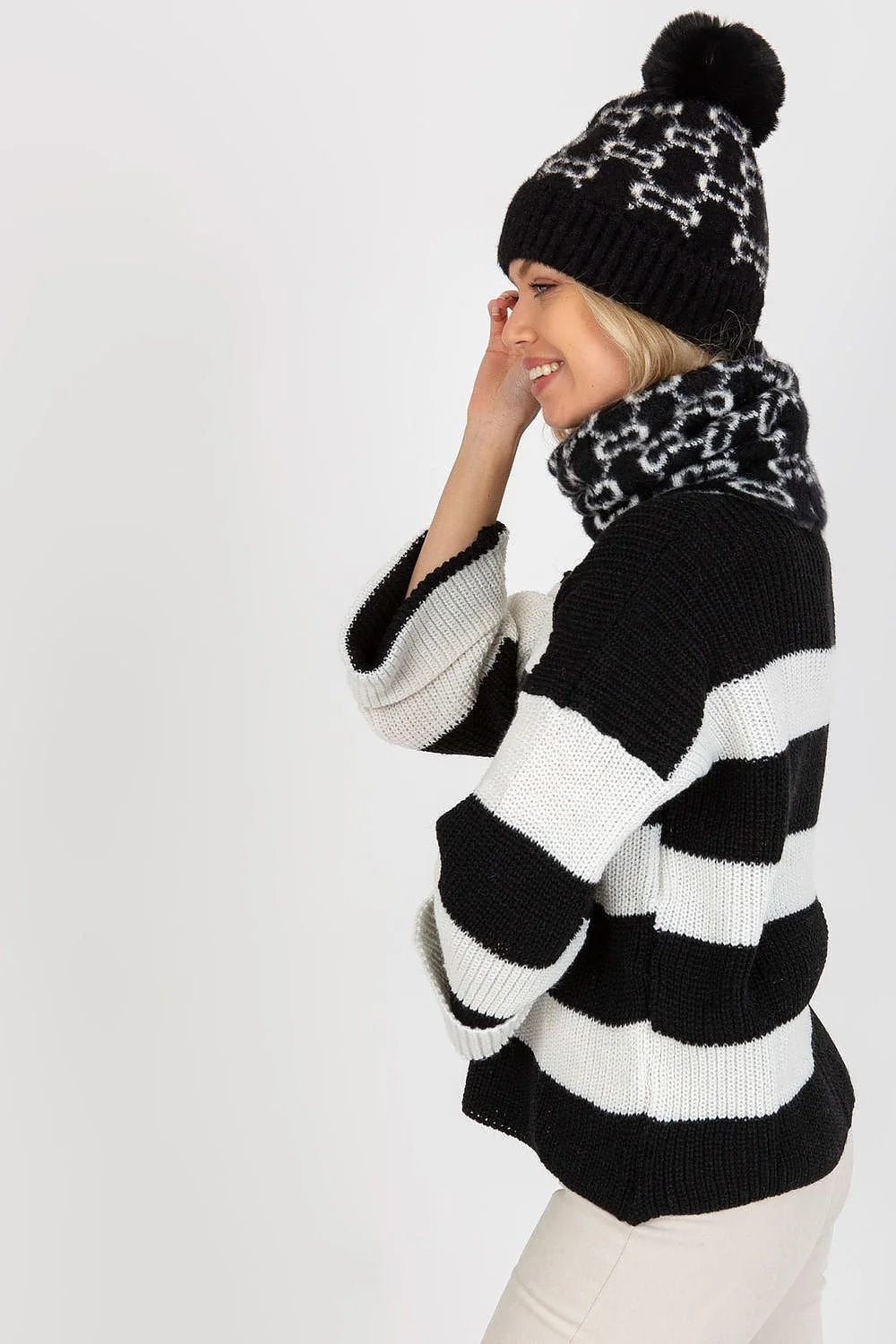 Ensemble hiver pour femme pull bonnet écharpe motif rayures animalier acrylique 100% chaleur confort