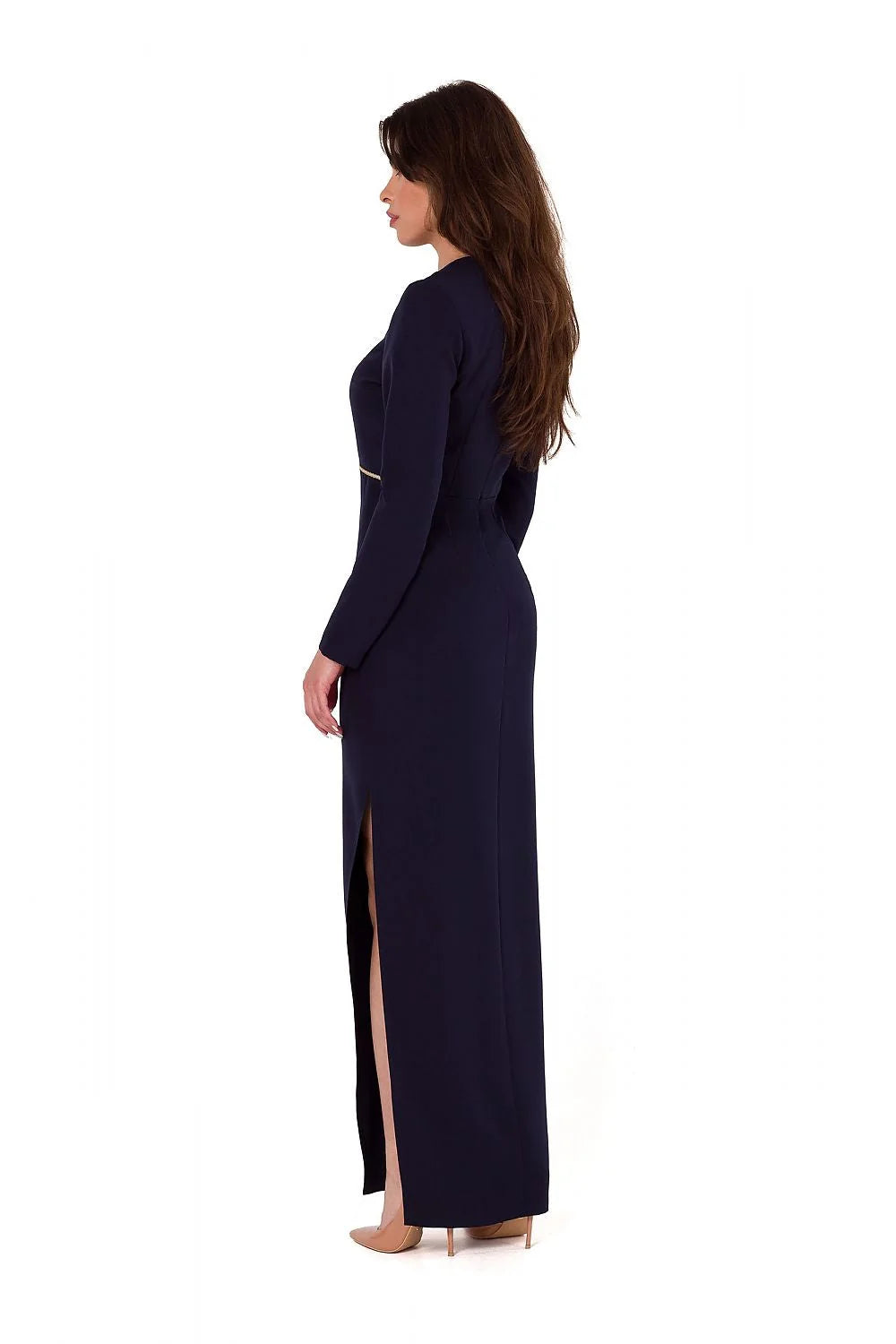 Robe de soirée élégante longue manches longues coupe près du corps bleu marine détails originaux fermeture éclair dissimulée femme