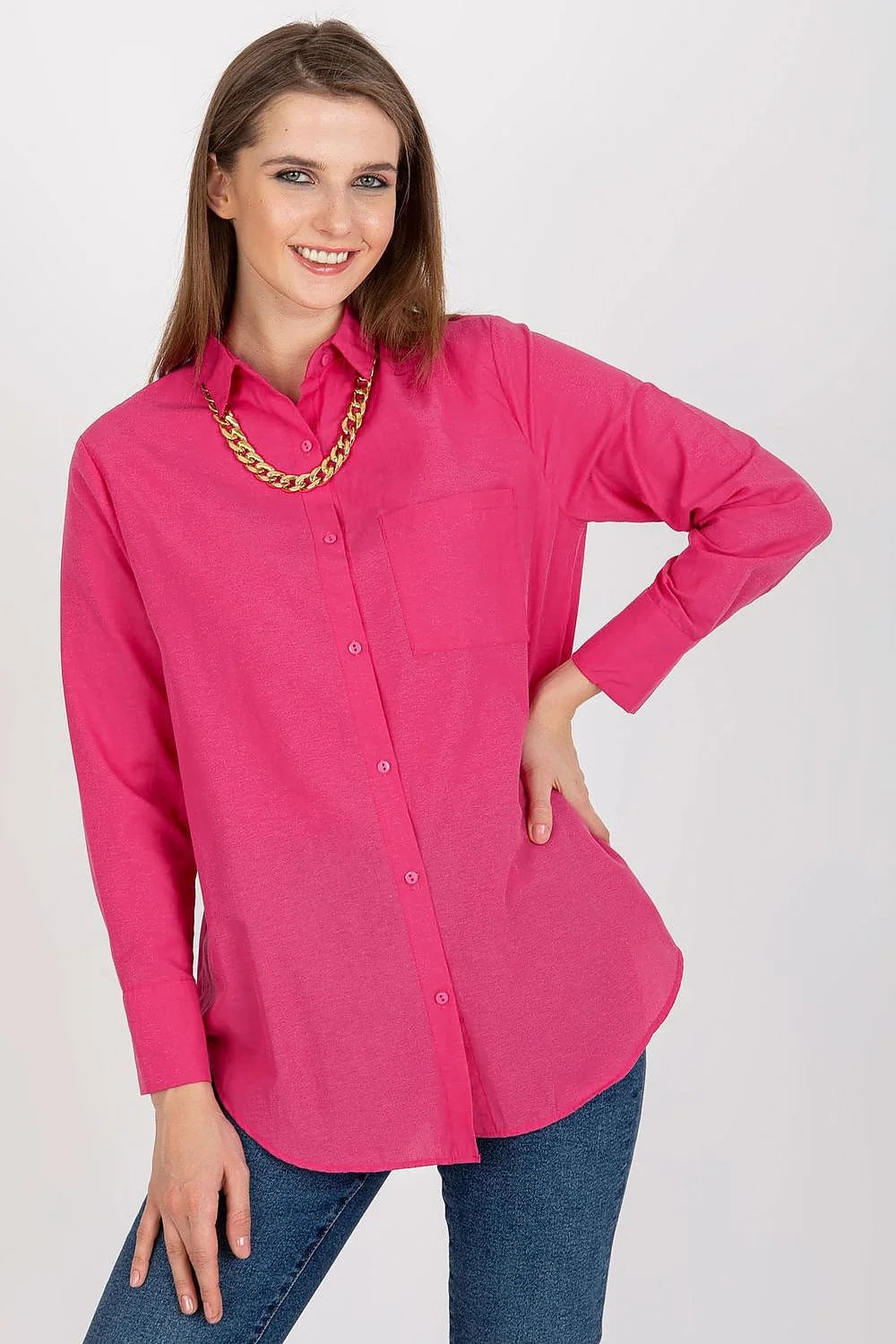 Chemise femme manches longues rose vif coton polyester coupe ample boutonnage central poche poitrine occasion jour