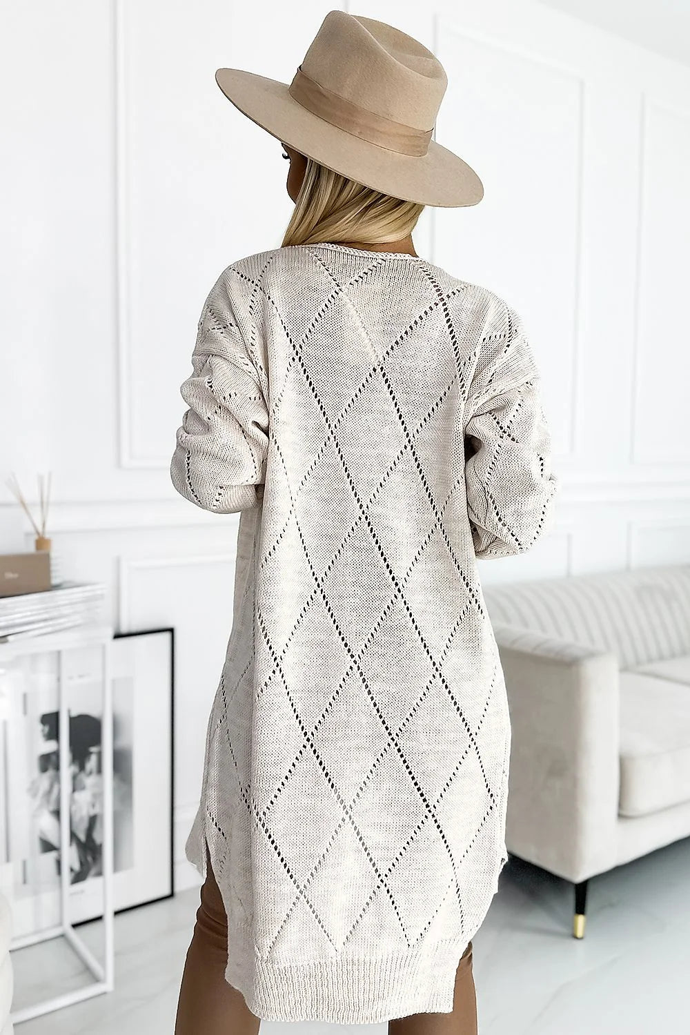 Cardigan Numoco Basic Femme Longue dos Long Motifs Losanges Ajourés beige 100% Acrylique Élégance Mode