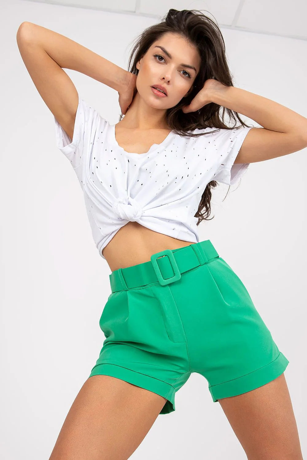 Shorts à taille haute femme mode citron vert fermeture glissière poches côtés ceinture assortie polyester élasthanne