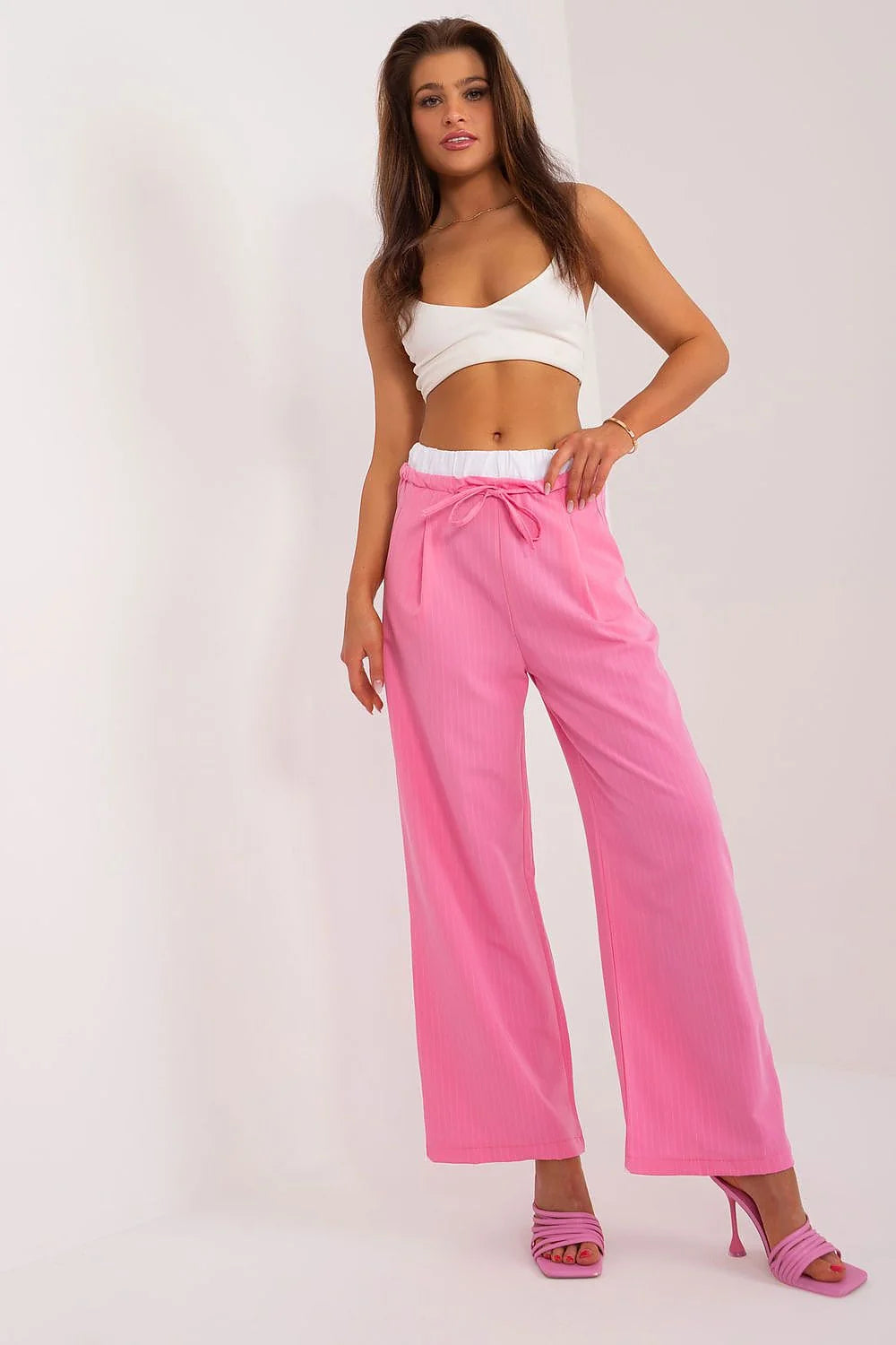 Crop Top Femme Élastique Bretelles Fines Pantalon Haute Taille Large Jambes Légère Matière Rose Printemps Été Occasions Décontractées Mode