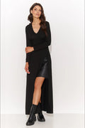 Robe de jour élégante longue manches longues encolure V double épaisseur fente profonde éco-cuir noir femmes