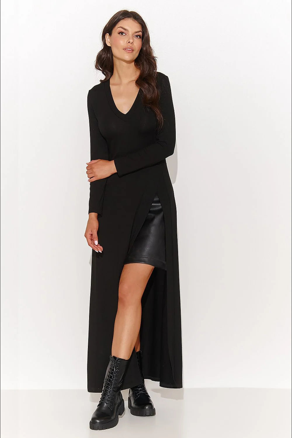 Robe de jour élégante longue manches longues encolure V double épaisseur fente profonde éco-cuir noir femmes