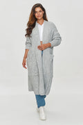 Cardigan long pour femme en tricot gris clair, manches larges, poches latérales, coupe droite, sans fermeture, doux et chaud, vêtement de mode hiver