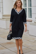 robe midi droite sportchic élégante noire bordures géométriques V manches troisquarts jersey doux extensible confortable coupe fluide polyvalente
