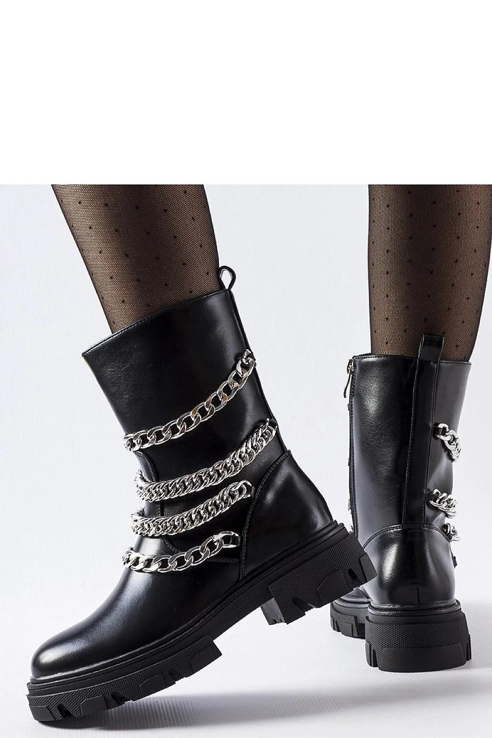 Bottes audacieuses pour femmes cuir noir chaînes métalliques design contemporain talon moyen zip latéral