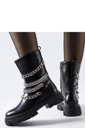 Bottes audacieuses pour femmes cuir noir chaînes métalliques design contemporain talon moyen zip latéral