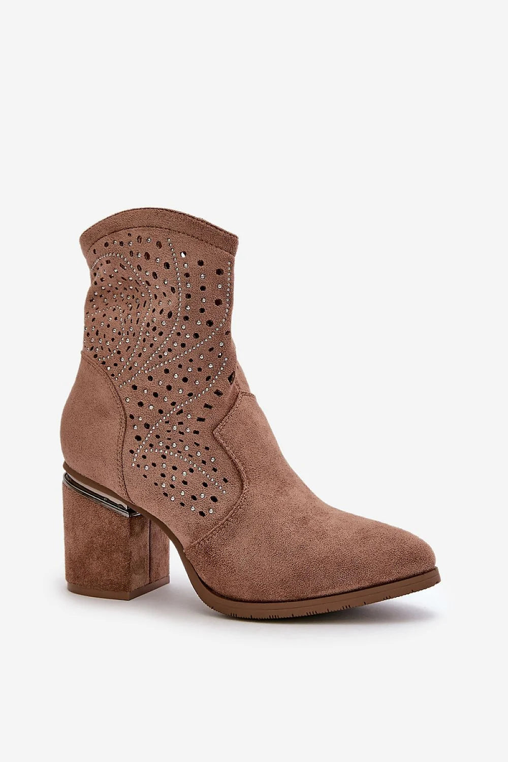 bottines femmes suédine écologique taupe bohème chic cheville bout effilé talon bloc confortable découpes perforées strass clous argentés