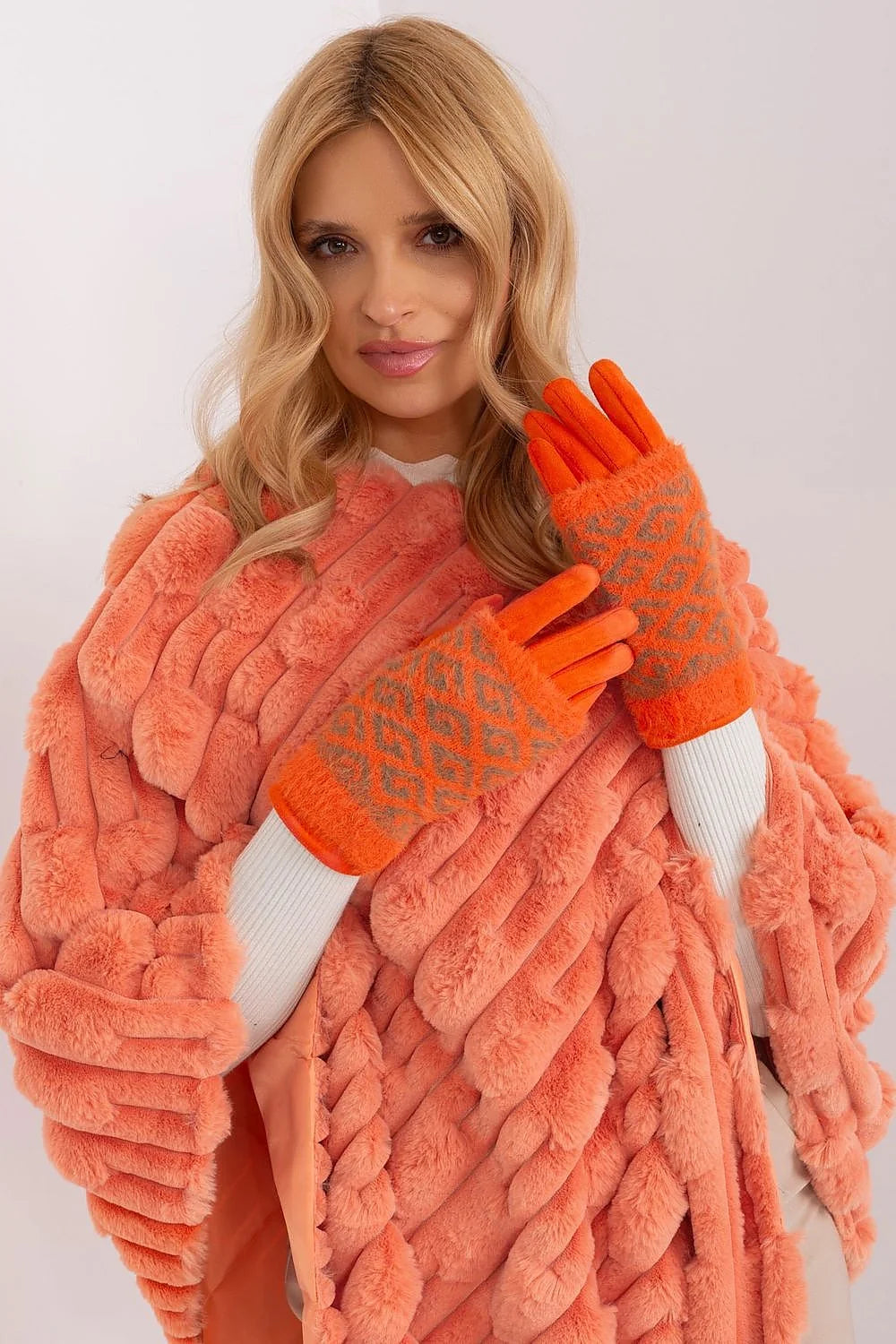 Gants en tricot pour femmes avec isolation retirable, fleur brodée, coton, élasthanne, polyester, style audacieux, couleur orange saumoné, motifs géométriques