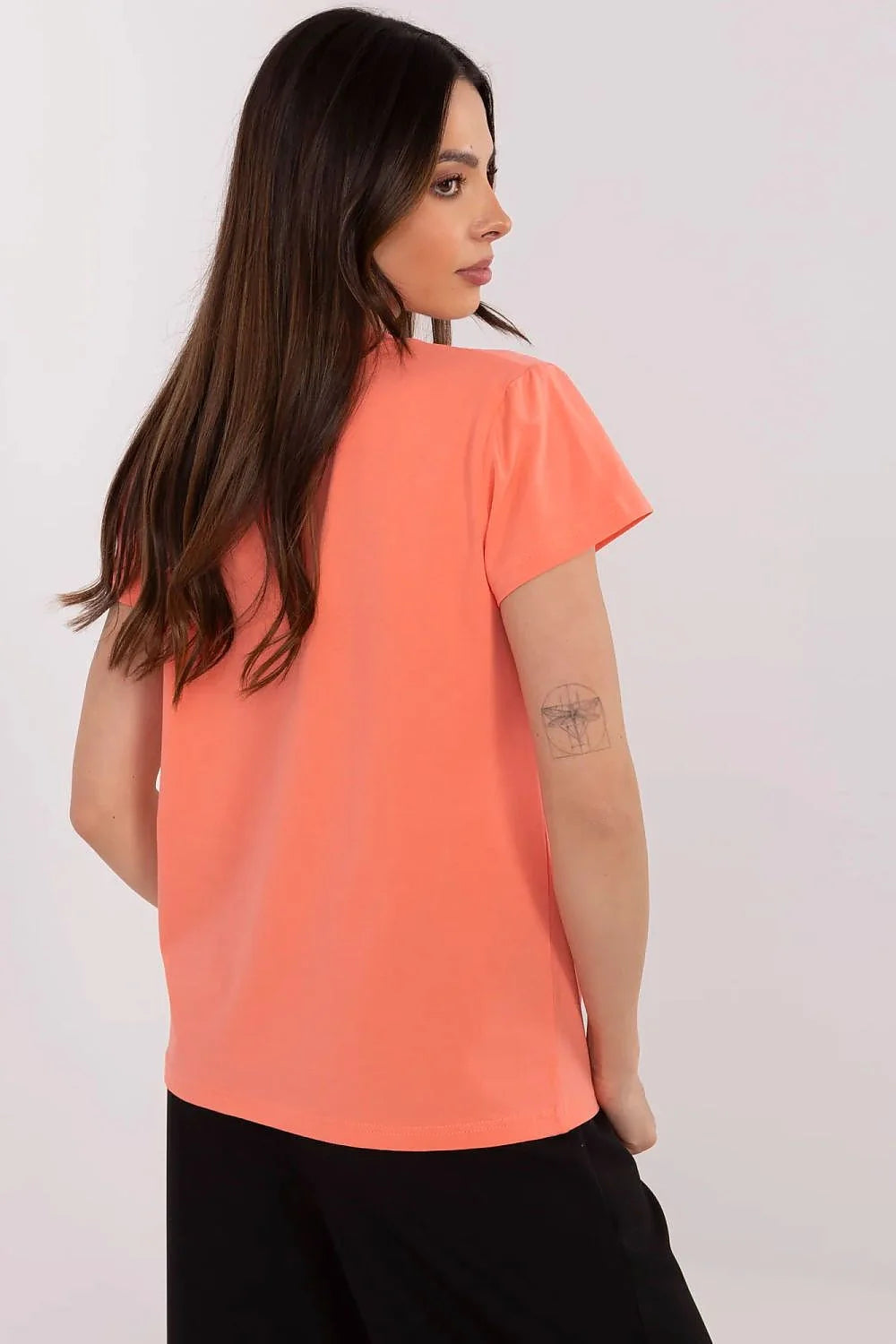 T-shirt femme moderne casual manches courtes corail vif message cœur strass BEAUTY ALWAYS IN BELIEVE