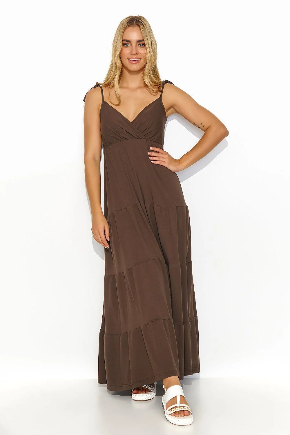 robe maxi femme marron chocolat bretelles fines réglables nouées col V croisé taille empire jersey léger jupe longue