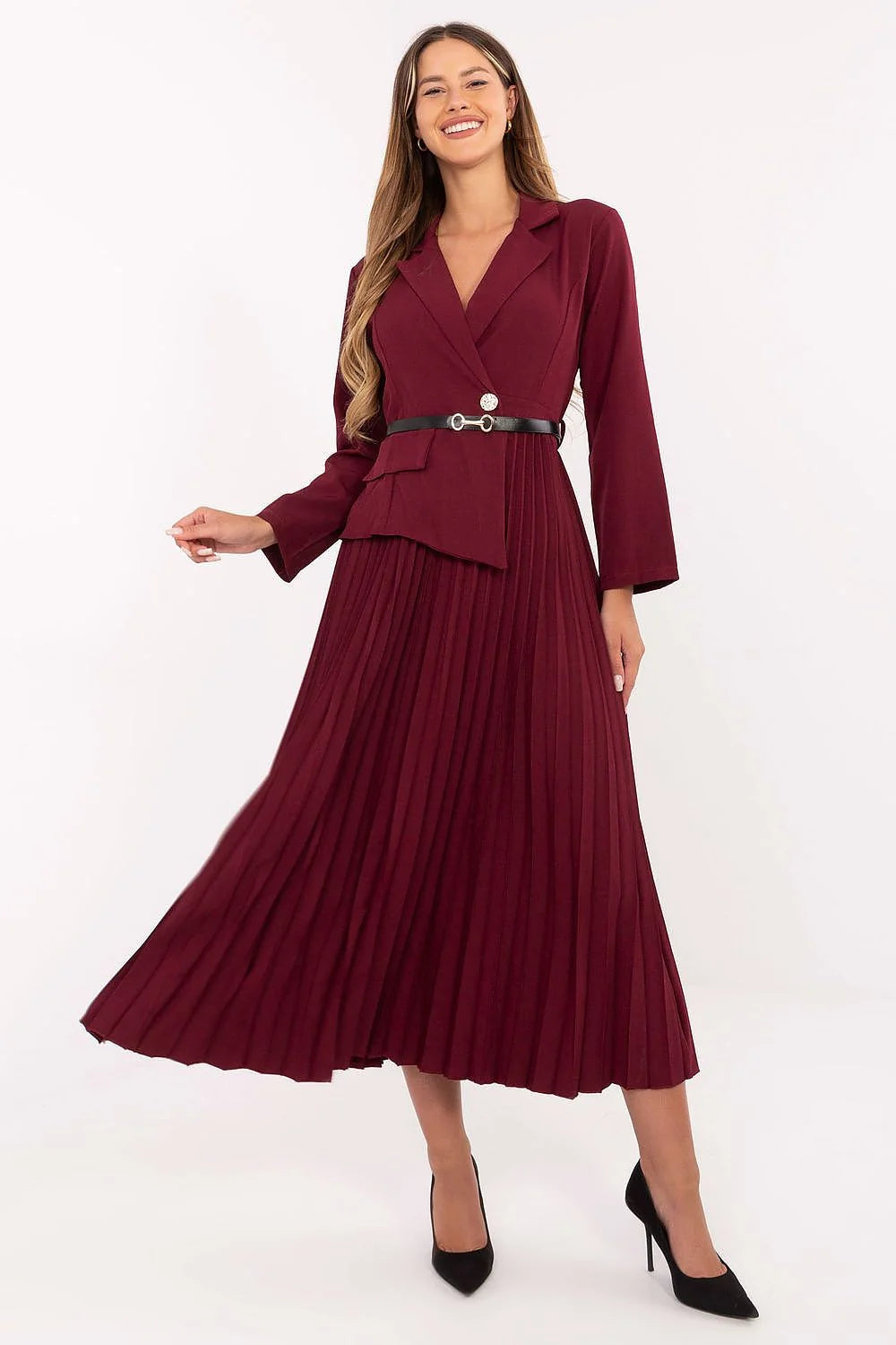 robe blazer midi bordeaux plissée haut croisé col tailleur manches longues jupe évasée plis fins taille cintrée ceinture fine noire