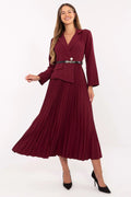 robe blazer midi bordeaux plissée haut croisé col tailleur manches longues jupe évasée plis fins taille cintrée ceinture fine noire