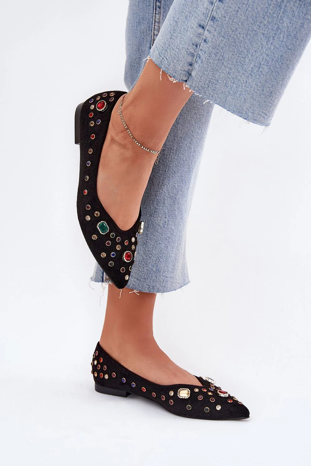 Ballerines élégantes pour femmes en suédine écologique, ornées de strass multicolores, style pointu, occasion formelle et quotidienne