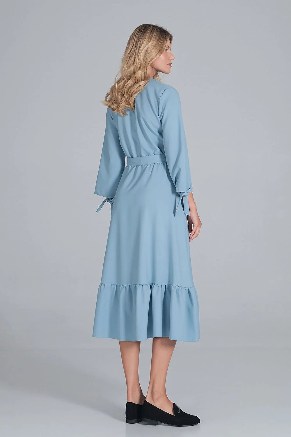 Robe élégante en polyester bleu ciel, style décontracté chic, manches longues, ceinture pour femme