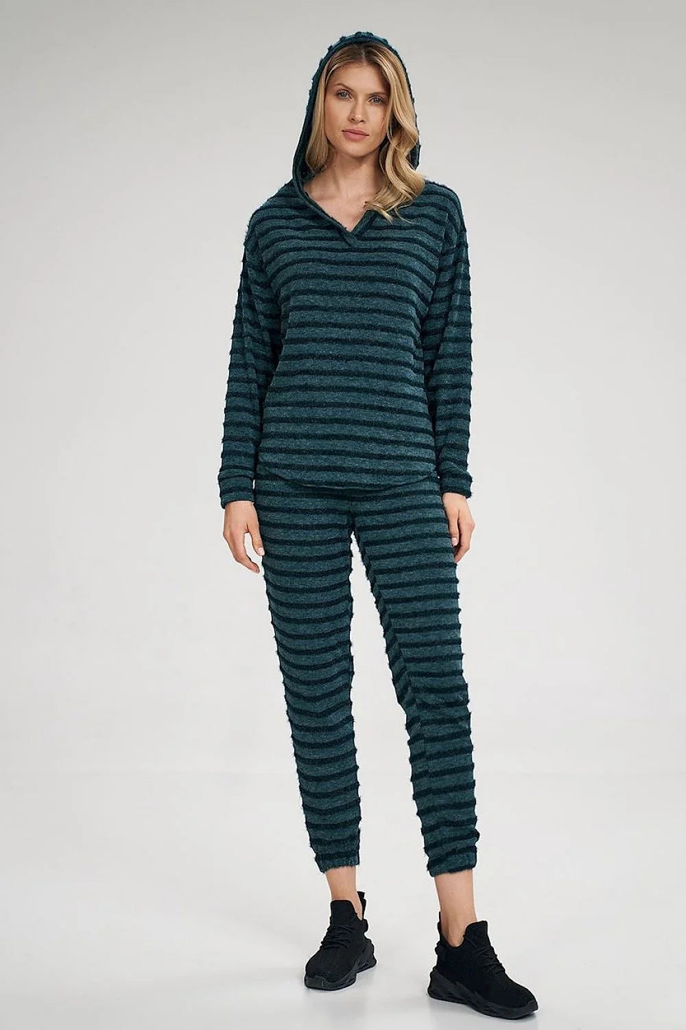 Ensemble mode survêtement femme confortable design décontracté col V manches longues ceinture élastique rayures vertes noires