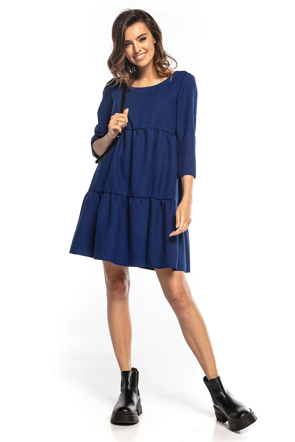 Robe ample polyester élasthanne décontractée élégante manches trois-quarts col rond bleu canard automne femmes