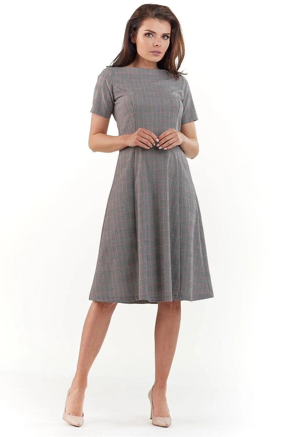 Robe élégante en tissu prince de Galles classique évasée manches courtes pour femmes style chic