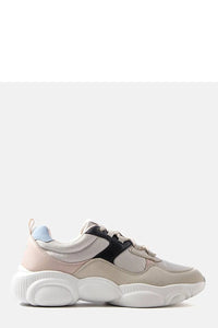 baskets chunky femme sneakers tige mixte mesh beige clair suède synthétique rose poudré insert noir col bleu ciel